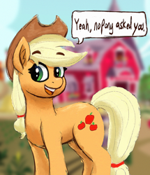 Size: 1500x1742 | Tagged: safe, artist:phutashi, applejack, earth pony, pony, g4, dialogue, eyebrows, eyebrows visible through hair, female, gameloft interpretation, looking at you, mare, meme, open mouth, open smile, reaction image, smiling, smiling at you, solo, speech bubble, sweet apple acres, talking to viewer