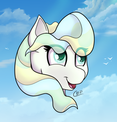 Size: 1590x1659 | Tagged: safe, artist:cloudybirb, vapor trail, pegasus, pony, g4, bust, cloud, eye clipping through hair, female, mare, portrait, sky, solo