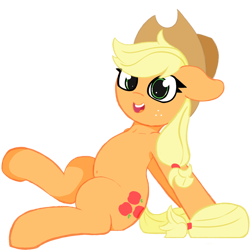 Size: 2000x2000 | Tagged: safe, artist:gean, applejack, earth pony, pony, g4, applejack's hat, belly, belly button, cowboy hat, female, floppy ears, freckles, hat, human shoulders, mare, simple background, sitting, solo, transparent background