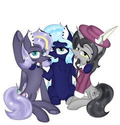 Size: 2619x2721 | Tagged: safe, artist:silver dawn, artist:流银晨曦, oc, oc only, oc:fancy galaxy, oc:moonlit flower, oc:starrynight sunglow, alicorn, pegasus, pony, unicorn, 2024 community collab, derpibooru community collaboration, folded wings, open mouth, open smile, simple background, smiling, transparent background, trio, wings