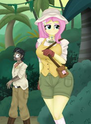 Size: 1280x1735 | Tagged: safe, artist:lennondash, doctor caballeron, fluttershy, human, daring doubt, equestria girls, g4, boots, breasts, busty fluttershy, clothes, duo, duo male and female, equestria girls interpretation, equestria girls-ified, female, forest, gloves, hat, jungle, male, nature, scene interpretation, shoes, shorts, stupid sexy fluttershy, tree, vest, wide hips