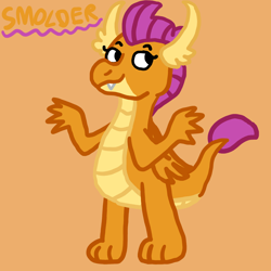 Size: 1000x1000 | Tagged: safe, artist:mintwhistle, part of a set, smolder, dragon, g4, dragon wings, dragoness, fangs, female, folded wings, horns, looking back, medibang paint, orange background, shrug, simple background, smiling, smug, solo, wings