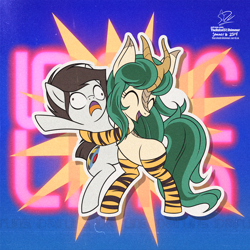 Size: 1920x1920 | Tagged: safe, artist:theratedrshimmer, earth pony, kirin, pony, 80s, anime, ataru moroboshi, cute, female, hug, lum invader, male, ponified, retro, solo, urusei yatsura