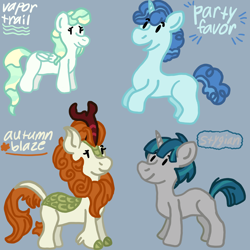 Size: 1500x1500 | Tagged: safe, artist:mintwhistle, autumn blaze, party favor, stygian, vapor trail, kirin, pegasus, pony, unicorn, g4, cloven hooves, dot eyes, eyelashes, female, folded wings, gray background, group, happy, horn, male, mare, medibang paint, missing accessory, multicolored mane, multicolored tail, open mouth, open smile, quartet, rearing, shy, simple background, smiling, stallion, style emulation, stylized, tail, wings