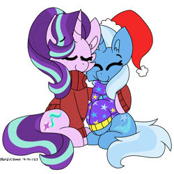Size: 4000x4000 | Tagged: safe, artist:nordicgoat, starlight glimmer, trixie, pony, unicorn, g4, blushing, cheek fluff, christmas, clothes, cuddling, duo, eyes closed, female, hat, holiday, lesbian, mare, nuzzling, santa hat, ship:startrix, shipping, simple background, smiling, sweater, transparent background