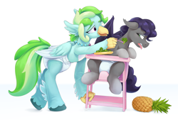 Size: 4527x3063 | Tagged: safe, artist:edrian, oc, oc only, oc:sea spark, oc:sharp point, bat pony, hippogriff, bat pony oc, broccoli, chair, cute, diaper, diaper fetish, disgusted, fetish, food, highchair, hippogriff oc, living object, non-baby in diaper, pineapple, plushie, simple background, white background