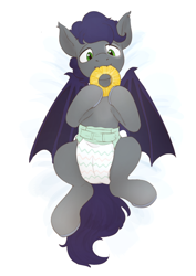 Size: 1744x2463 | Tagged: safe, artist:edrian, oc, oc only, oc:sharp point, bat pony, bat pony oc, cute, diaper, diaper fetish, fangs, fetish, food, lying down, non-baby in diaper, on back, pineapple, simple background, solo, white background