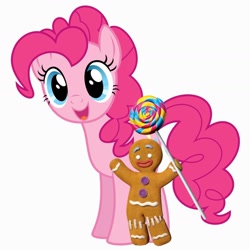 Size: 1440x1440 | Tagged: safe, artist:ebotizer, editor:ebotizer, pinkie pie, earth pony, pony, g4, candy, cookie, dreamworks, duo, duo male and female, female, food, gingerbread man, gingy, lollipop, male, mare, shrek, simple background, white background