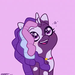 Size: 2480x2480 | Tagged: safe, artist:starburstuwu, violette rainbow, pony, unicorn, g5, coat markings, cute, dreadlocks, female, filly, foal, jewelry, looking up, necklace, pink background, pinto, simple background, solo, sparkles, sparkly eyes, violettebetes, vitiligo, wingding eyes