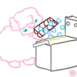 Size: 1000x1000 | Tagged: safe, artist:mixermike622, oc, oc:fluffle puff, earth pony, original species, pony, bipedal, female, fluffy, fryer, hoof hold, ice cube, ice cube tray, mare, moments before disaster, simple background, smiling, white background