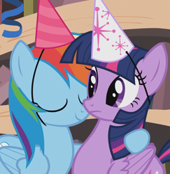 Size: 1049x1080 | Tagged: safe, screencap, rainbow dash, twilight sparkle, alicorn, pegasus, pony, daring don't, g4, season 4, cropped, duo, duo female, eyes closed, female, frown, hat, hug, mare, national random holiday party day, out of context, party, party hat, smiling, twilight sparkle (alicorn)