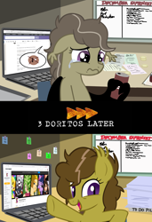 Size: 3264x4784 | Tagged: safe, artist:succubi samus, oc, oc:moon pearl, bat pony, computer, discorded, fanbox, happy, i'm back, laptop computer, link in description, meme, notes, paperwork, pixiv, show accurate