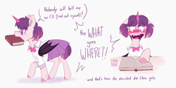 Size: 2000x1000 | Tagged: safe, artist:lionbun, oc, oc only, oc:wanda, bat pony, bat pony oc, bat wings, blushing, book, child, clothes, fake horn, female, filly, foal, implied lesbian, innuendo, mare, reading, school uniform, sex education, simple background, solo, white background, wings