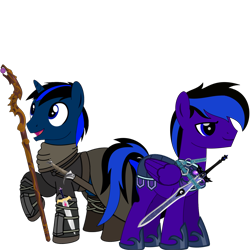 Size: 4096x4096 | Tagged: safe, artist:rd4590, edit, oc, oc only, oc:midnight star, oc:party time mentats, pegasus, pony, unicorn, 2024 community collab, derpibooru community collaboration, armor, dagger, duo, duo male, horn, male, simple background, staff, sword, transparent background, weapon, wings