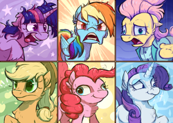 Size: 4092x2893 | Tagged: safe, artist:candy meow, applejack, fluttershy, pinkie pie, rainbow dash, rarity, twilight sparkle, alicorn, earth pony, pegasus, pony, unicorn, g4, abstract background, alternate hairstyle, angry, applejack's hat, colored sketch, cowboy hat, crazy face, derp, expressions, facial expressions, faic, female, hat, magic, mane six, mare, scene interpretation, severeshy, sketch, sweat, sweatdrop