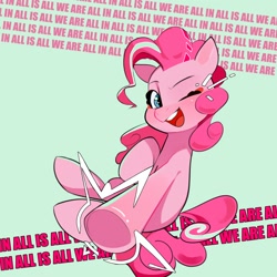 Size: 2000x2000 | Tagged: safe, artist:pascal571, pinkie pie, earth pony, pony, g4, emanata, green background, looking at you, one eye closed, open mouth, open smile, simple background, smiling, smiling at you, solo, song reference, text, underhoof, wink, winking at you