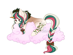 Size: 2100x1600 | Tagged: safe, artist:aledera, oc, oc only, oc:holly mint, pony, unicorn, braid, braided tail, cloud, female, mare, on a cloud, simple background, solo, tail, transparent background