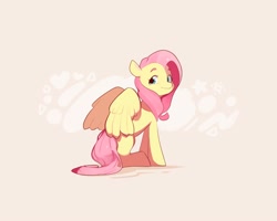 Size: 2000x1600 | Tagged: safe, artist:pascal571, fluttershy, pegasus, pony, g4, cream background, cute, looking at you, looking back, looking back at you, missing cutie mark, partially open wings, shyabetes, simple background, sitting, smiling, smiling at you, solo, wings