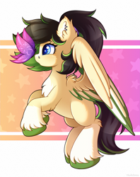 Size: 3107x3919 | Tagged: safe, artist:madelinne, oc, oc only, oc:core carnitine, butterfly, pegasus, blue eyes, flying, jewelry, pegasus oc, solo