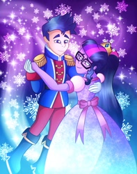 Size: 1534x1948 | Tagged: safe, artist:corlycolor, flash sentry, sci-twi, twilight sparkle, human, equestria girls, g4, clothes, dancing, dress, duo, female, gown, holding hands, looking at each other, looking at someone, male, ship:flashlight, ship:sci-flash, shipping, smiling, smiling at each other, snow, snowflake, straight, uniform