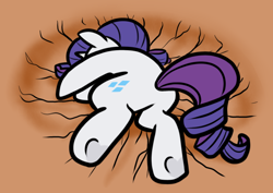 Size: 738x522 | Tagged: safe, artist:paperbagpony, rarity, pony, unicorn, g4, butt, crater, defeated, female, mare, plot, solo, underhoof, yamcha's death pose