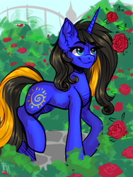 Size: 1200x1600 | Tagged: safe, artist:falafeljake, oc, oc only, oc:destiny light, pony, unicorn, colored sketch, commission, female, flower, horn, mare, scenery, sketch, smiling, solo, two toned mane, unicorn oc