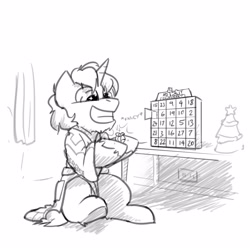 Size: 3000x3000 | Tagged: safe, artist:captainhoers, oc, oc only, pony, unicorn, advent calendar, bathrobe, chocolate, christmas, christmas tree, clothes, food, grayscale, grin, holiday, hoof hold, male, monochrome, robe, sitting, smiling, solo, stallion, tree