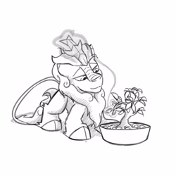 Size: 3000x3000 | Tagged: safe, artist:captainhoers, oc, oc only, kirin, bonsai, glowing, glowing horn, grayscale, horn, kirin oc, lidded eyes, looking at something, male, monochrome, plant, simple background, smiling, solo, white background