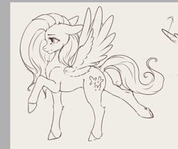 Size: 1151x962 | Tagged: safe, artist:miokomata, fluttershy, pegasus, pony, g4, concave belly, ears back, female, gray background, grayscale, mare, monochrome, side view, simple background, solo, spread wings, standing on two hooves, wings