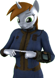 Size: 1328x1886 | Tagged: safe, artist:zgsfm, oc, oc only, oc:littlepip, unicorn, anthro, fallout equestria, 3d, clothes, female, fingers together, looking down, mare, pipbuck, simple background, solo, suijin, transparent background