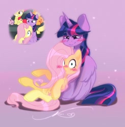 Size: 1256x1280 | Tagged: safe, artist:kotya_uwo, screencap, fluttershy, twilight sparkle, alicorn, pegasus, pony, g4, my little pony: friendship is magic, newbie dash, blushing, embarrassed, female, hair over one eye, lesbian, mare, scene interpretation, screencap reference, ship:twishy, shipping, twilight sparkle (alicorn)