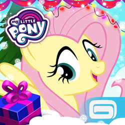 Size: 512x512 | Tagged: safe, gameloft, fluttershy, pegasus, pony, g4, my little pony: magic princess, official, app icon, christmas, christmas decoration, christmas tree, female, gameloft logo, holiday, mare, my little pony logo, present, snow, snowflake, solo, tree, video game