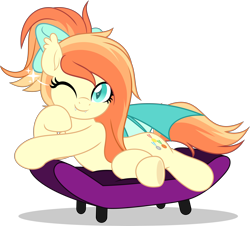 Size: 5530x5000 | Tagged: safe, artist:jhayarr23, oc, oc only, oc:sunshine drift, bat pony, pony, absurd resolution, bat ears, bat eyes, bat pony oc, bow, chair, commission, draw me like one of your french girls, female, folded wings, hair bow, looking at you, lying down, mare, on side, one eye closed, shadow, simple background, smiling, smiling at you, solo, transparent background, underhoof, wings, wink, winking at you, ych result