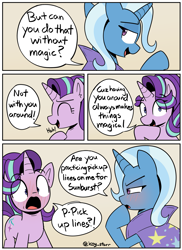 Size: 2075x2845 | Tagged: safe, artist:icey, starlight glimmer, trixie, pony, unicorn, g4, blushing, cape, clothes, comic, dialogue, duo, eye clipping through hair, eyebrows, eyebrows visible through hair, eyes closed, female, flustered, implied shipping, implied starburst, implied straight, laughing, looking back, mare, pickup lines, shipping fuel, smiling, stuttering, trixie's cape