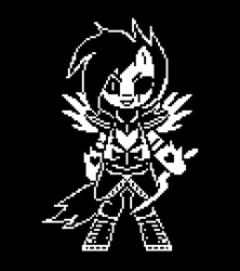 Size: 1200x1350 | Tagged: safe, artist:menalia, rainbow dash, pegasus, pony, semi-anthro, g4, armor, bipedal, black and white, black background, female, grayscale, mare, monochrome, pixel art, simple background, style emulation, undertale, undyne, undyne the undying, weapon, wings