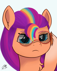 Size: 4800x6000 | Tagged: safe, artist:cobaltskies002, sunny starscout, earth pony, pony, g5, absurd resolution, bust, glasses, portrait, raised hoof, simple background, solo, white background