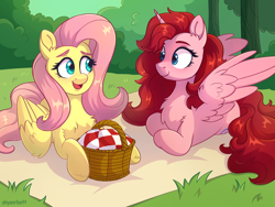 Size: 2248x1686 | Tagged: safe, artist:skysorbett, fluttershy, oc, oc:ruby shine, alicorn, pegasus, pony, g4, alicorn oc, basket, bush, chest fluff, duo, duo female, female, forest, grass, horn, looking at each other, looking at someone, lying down, mare, nature, not pinkie pie, open mouth, open smile, outdoors, picnic, picnic basket, prone, smiling, tree, wings