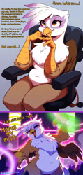 Size: 2000x4198 | Tagged: safe, ai assisted, ai content, artist:rupert, edit, generator:pony diffusion v6 xl, generator:stable diffusion, prompter:rupert, gilda, griffon, series:ask white belly gilda, g4, ask, belly button, bipedal, chair, chubby, cute, dancing, dialogue, female, fluffy, gildadorable, glowstick, happy, high res, nightclub, office chair, pale belly, plump, rave, solo, tumblr, white belly