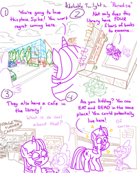 Size: 4779x6013 | Tagged: safe, artist:adorkabletwilightandfriends, spike, twilight sparkle, alicorn, comic:adorkable twilight and friends, g4, adorkable, adorkable twilight, angle, back of head, book, bookhorse, bookshelf, building, cafe, comic, cute, dork, excited, fort vanhoover, happy, high angle, library, overcast, perspective, showing off, slice of life, that pony sure does love books, twiabetes, twilight sparkle (alicorn)