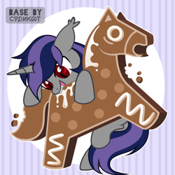 Size: 2000x2000 | Tagged: safe, artist:darkbess-house, artist:syrikatsyriskater, oc, oc only, oc:dreaming star, bat pony, bat pony unicorn, hybrid, pony, unicorn, g4, base used, bat pony oc, biting, candy, christmas, commission, eating, fangs, femboy, food, gingerbread (food), high res, holiday, horn, male, no eyelashes, red eyes, solo, stallion, ych result