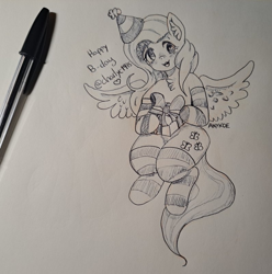 Size: 795x800 | Tagged: safe, artist:anykoe, fluttershy, pegasus, g4, birthday, clothes, cute, ear fluff, flying, happy, hat, party hat, pen, pen drawing, present, socks, striped socks, text, traditional art