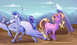 Size: 2900x1700 | Tagged: safe, artist:uunicornicc, luster dawn, princess flurry heart, alicorn, pony, unicorn, g4, :t, armor, cloven hooves, duo, duo female, eyes on the prize, female, flurrydawn, gritted teeth, lesbian, looking at someone, mare, mud, older, older flurry heart, shipping, spear, spread wings, teeth, warrior flurry heart, weapon, wings