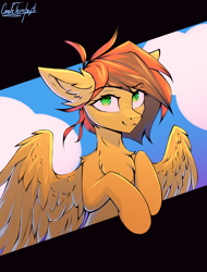 Size: 1080x1418 | Tagged: safe, artist:cmdrtempest, oc, oc only, oc:gooseshit, pegasus, pony, big ears, cloud, commission, cute, female, looking at you, mare, partially open wings, simple background, sky, solo, sternocleidomastoid, wings