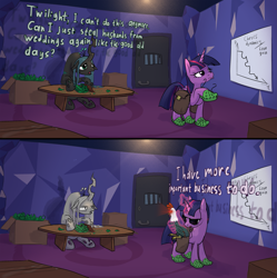 Size: 2659x2668 | Tagged: safe, artist:ciborgen, queen chrysalis, twilight sparkle, alicorn, changeling, changeling queen, cockatrice, pony, g4, bag, chart, crocs, dialogue, duo, duo female, female, high res, mare, petrification, saddle bag, slavery, sunglasses, twilight crockle, twilight sparkle (alicorn)