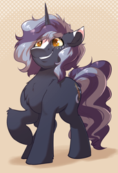 Size: 2584x3784 | Tagged: safe, artist:witchtaunter, oc, oc only, oc:witching hour, pony, unicorn, awkward, male, simple background, smiling, stallion