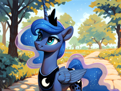 Size: 2048x1536 | Tagged: safe, ai assisted, ai content, artist:dovakkins, derpibooru exclusive, generator:pony diffusion v6 xl, princess luna, alicorn, pony, g4, crown, female, grass, jewelry, looking up, mare, peytral, regalia, smiling, solo, summer, tree, wavy mane