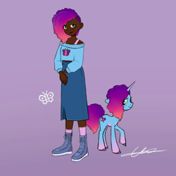 Size: 1440x1440 | Tagged: safe, artist:carolina_art, misty brightdawn, butterfly, human, pony, unicorn, g5, bracelet, clothes, cornrows, cute, cutie mark on clothes, dark skin, freckles, human ponidox, humanized, jewelry, lips, little pony, mistybetes, rebirth misty, self paradox, self ponidox, shoes, shy, signature, size difference, skirt, smiling, socks, tiny, tiny ponies