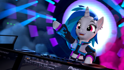Size: 3840x2160 | Tagged: safe, artist:owlpirate, dj pon-3, vinyl scratch, pony, unicorn, g4, 3d, 4k, bipedal, clothes, cute, ear piercing, earring, female, high res, jacket, jewelry, mare, midriff, missing accessory, open mouth, open smile, piercing, smiling, solo, source filmmaker, suspenders, turntable, vinylbetes