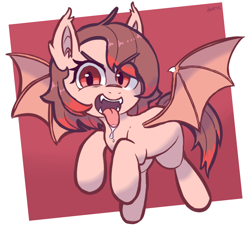 Size: 1114x1015 | Tagged: safe, artist:deerie, oc, bat pony, pony, bat wings, drool, fangs, flying, looking at you, open mouth, simple background, solo, spread wings, tongue out, two toned mane, wings