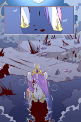 Size: 960x1440 | Tagged: safe, artist:cold-blooded-twilight, nightmare moon, princess celestia, alicorn, pony, comic:cold storm, g4, blood, comic, crown, dripping blood, female, hair over one eye, hoof shoes, injured, jewelry, mare, nosebleed, peytral, pink-mane celestia, princess shoes, regalia, smiling, victorious villain